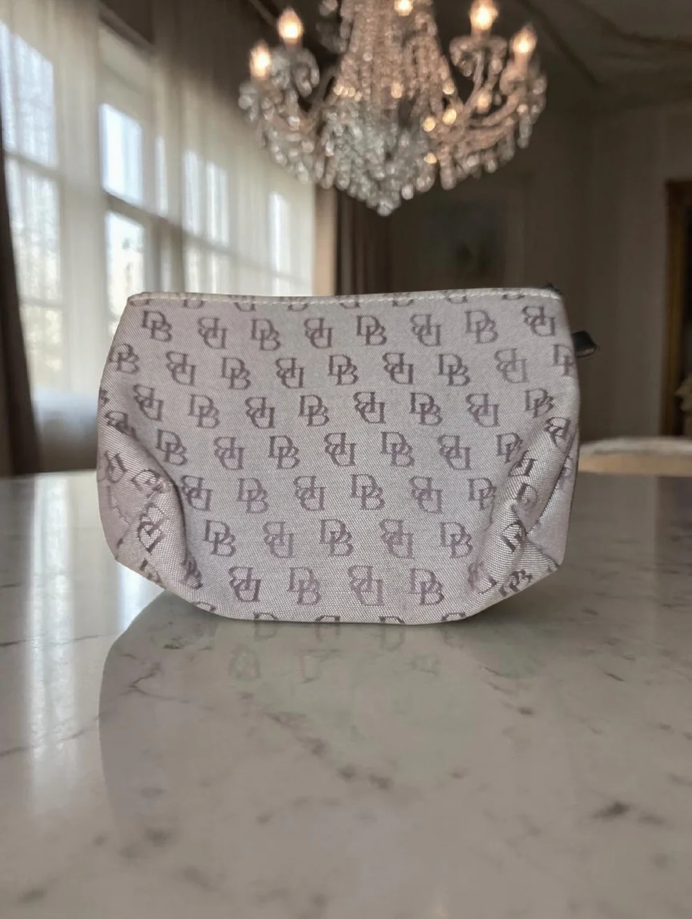 Dooney & Bourke Monogram Cosmetic Pouch DB Logo Zip Makeup Bag Beige Brown